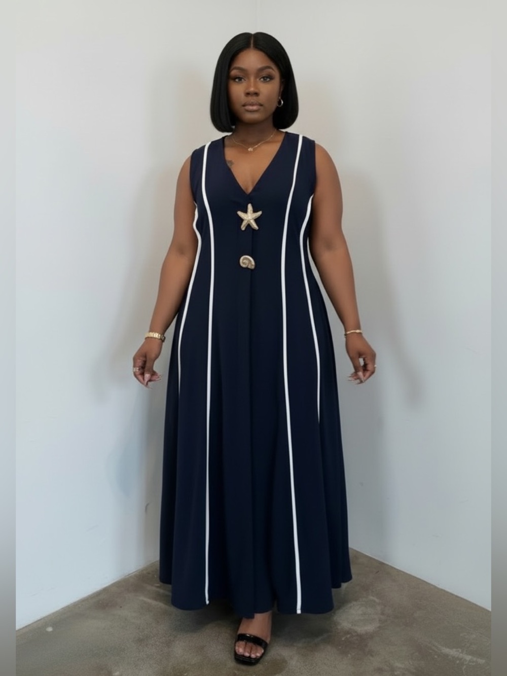 Navy V-Neck Maxi Dress with White Stripe Accents - Picture 2 of 3